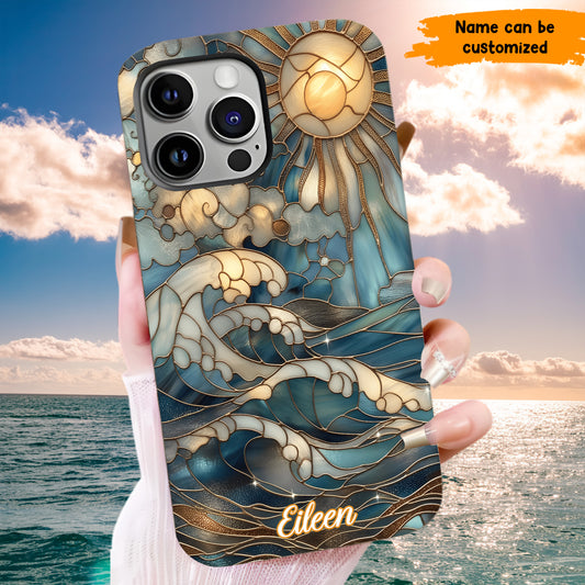 Personalized Ocean Waves & Sun Phone Case – Stained Glass Style