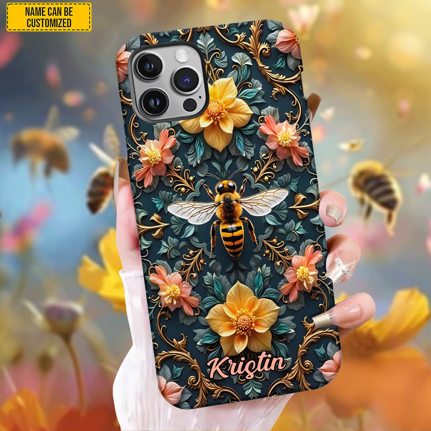 Personalized Bee & Floral Art Phone Case