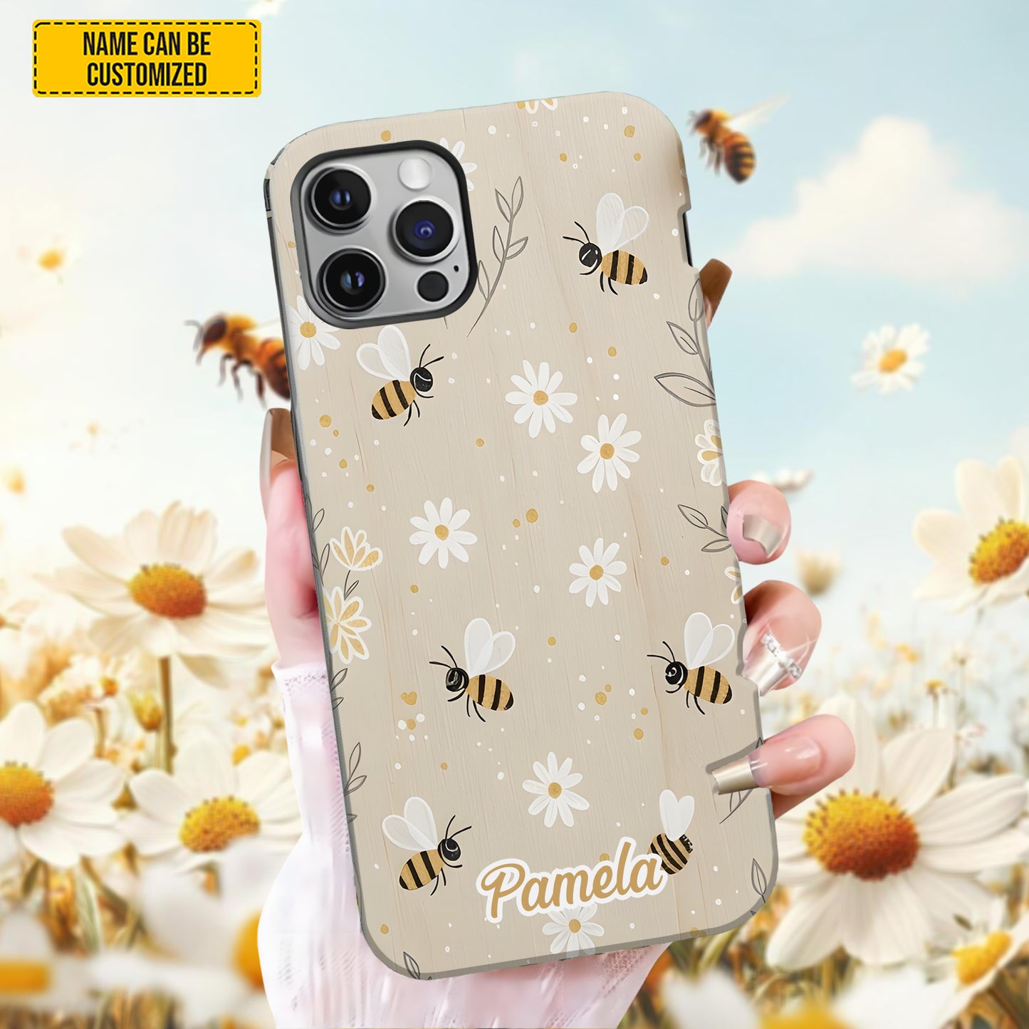 Beige Bee and Daisy Floral - Personalized Phone Case