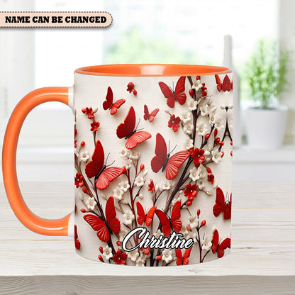 Red White Butterfly Flowers Accent Mug - Personalized  Accent Mug