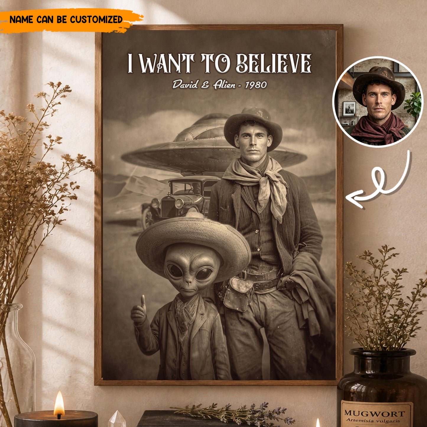 I Want To Believe – Personalized Alien Cowboy Custom Photo Poster & Canvas