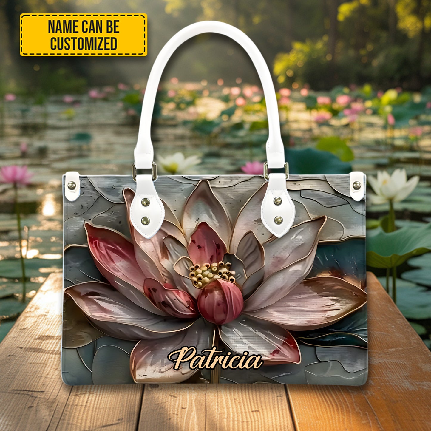 Personalized Lotus Flower Leather Handbag
