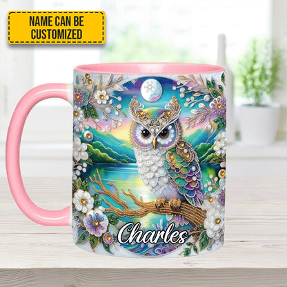 Owl Flower Pattern Diamond - Personalized Owl Accent Mug