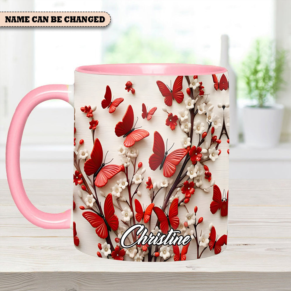 Red White Butterfly Flowers Accent Mug - Personalized  Accent Mug