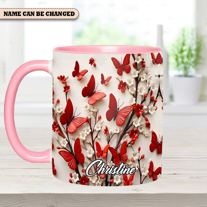 Red White Butterfly Flowers Accent Mug - Personalized  Accent Mug