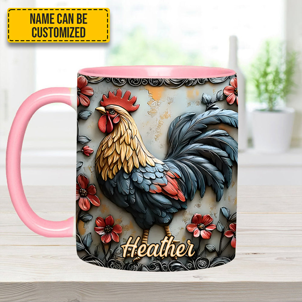 Rooster and Vibrant Flowers - Personalized Chicken Accent Mug