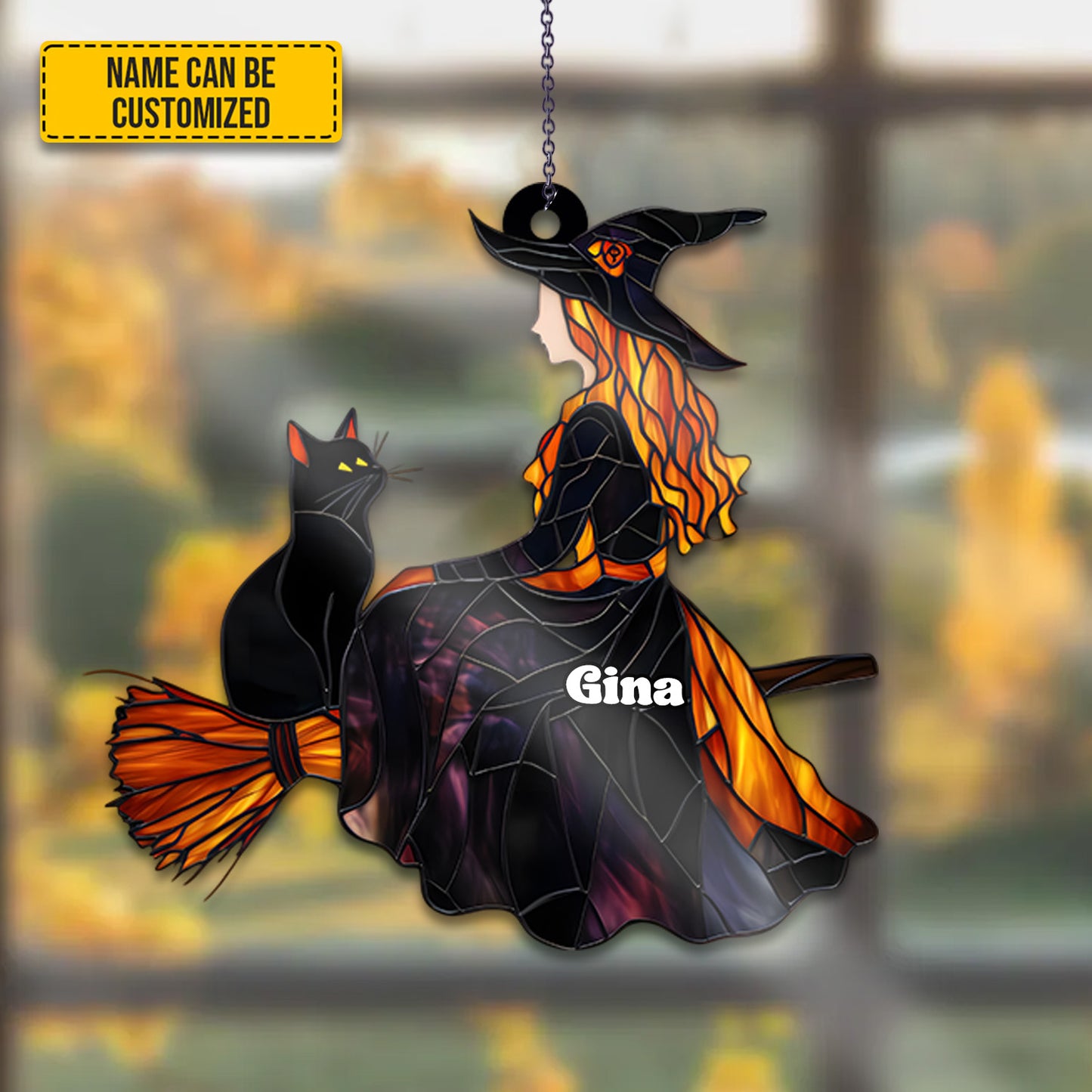 Beautiful Witch With Black Cat - Personalized Witch Acrylic Window