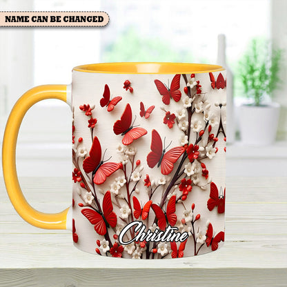 Red White Butterfly Flowers Accent Mug - Personalized  Accent Mug