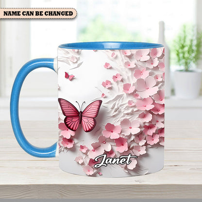 Pink Butterfly With Flowers - Personalized Butterfly Accent Mug