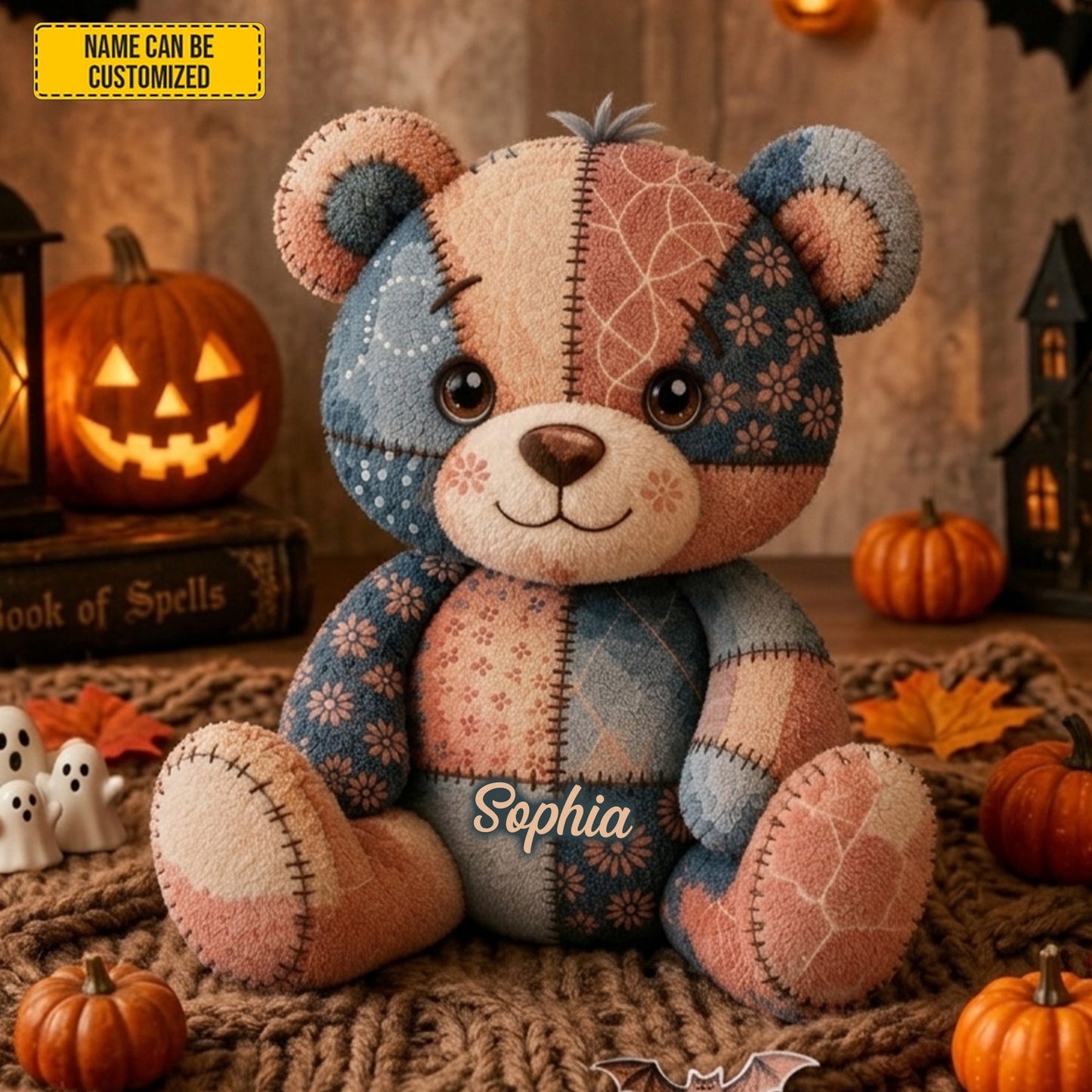 Personalized Halloween Patchwork Teddy Bear Pillow