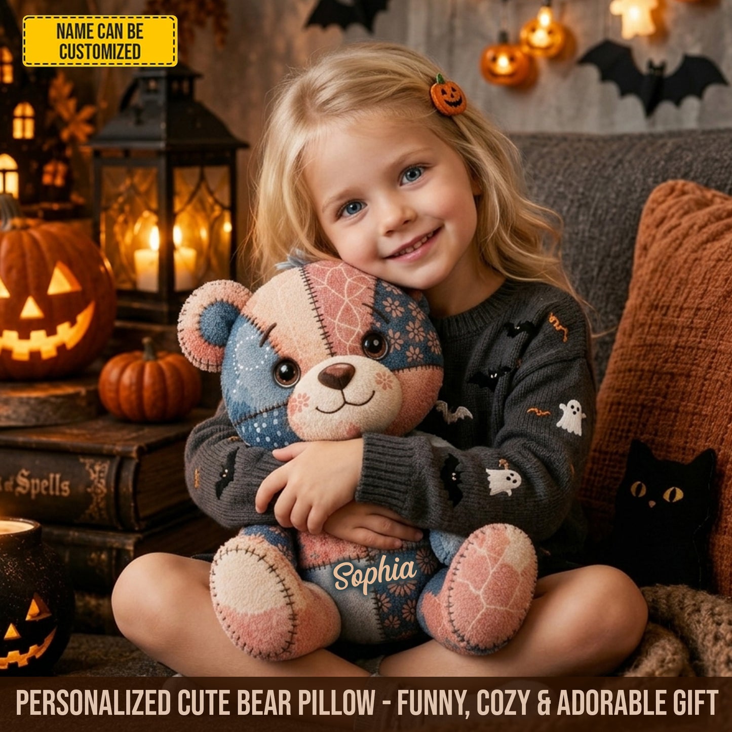 Personalized Halloween Patchwork Teddy Bear Pillow