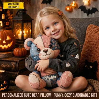 Personalized Halloween Patchwork Teddy Bear Pillow