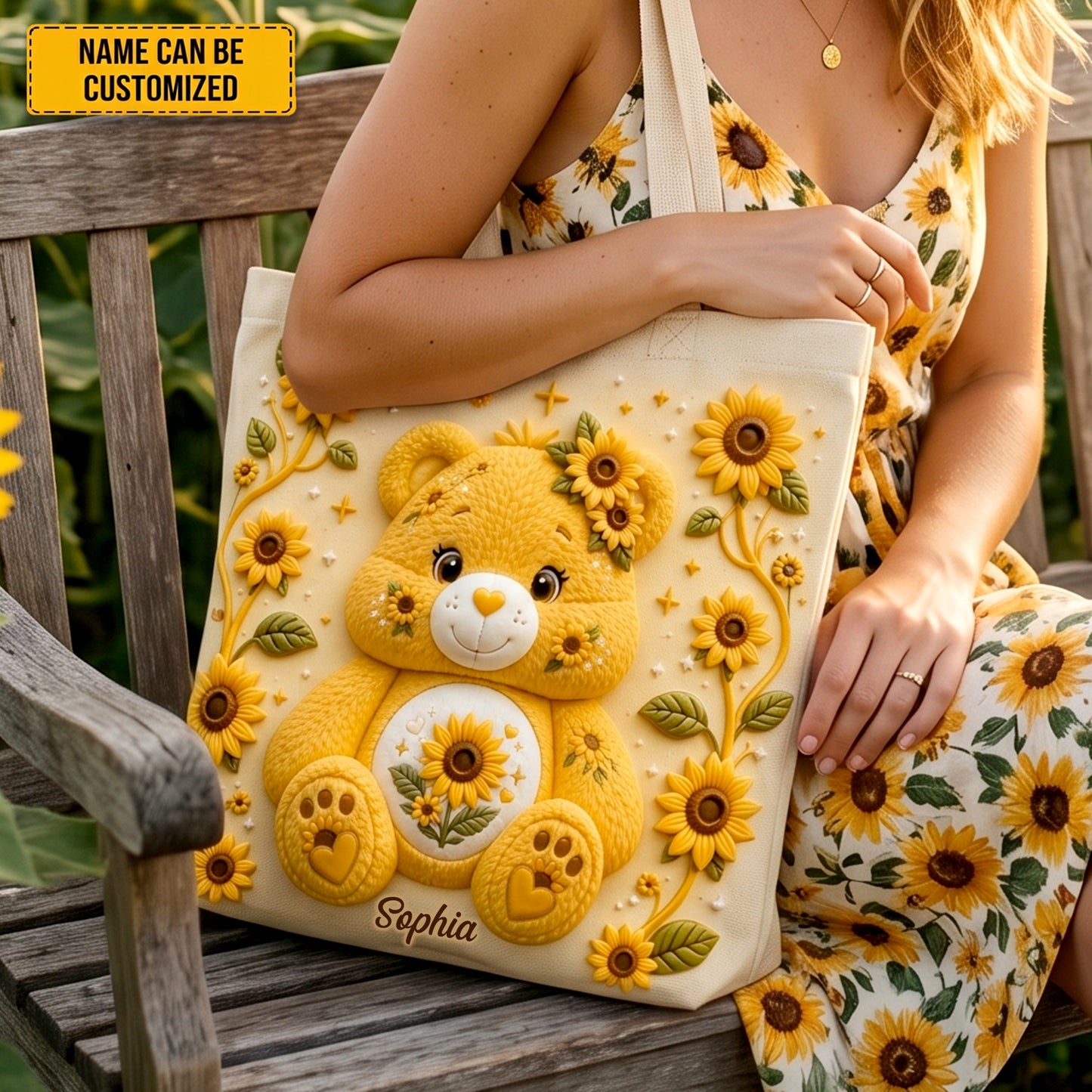 Personalized Bear Sunflower Tote Bag