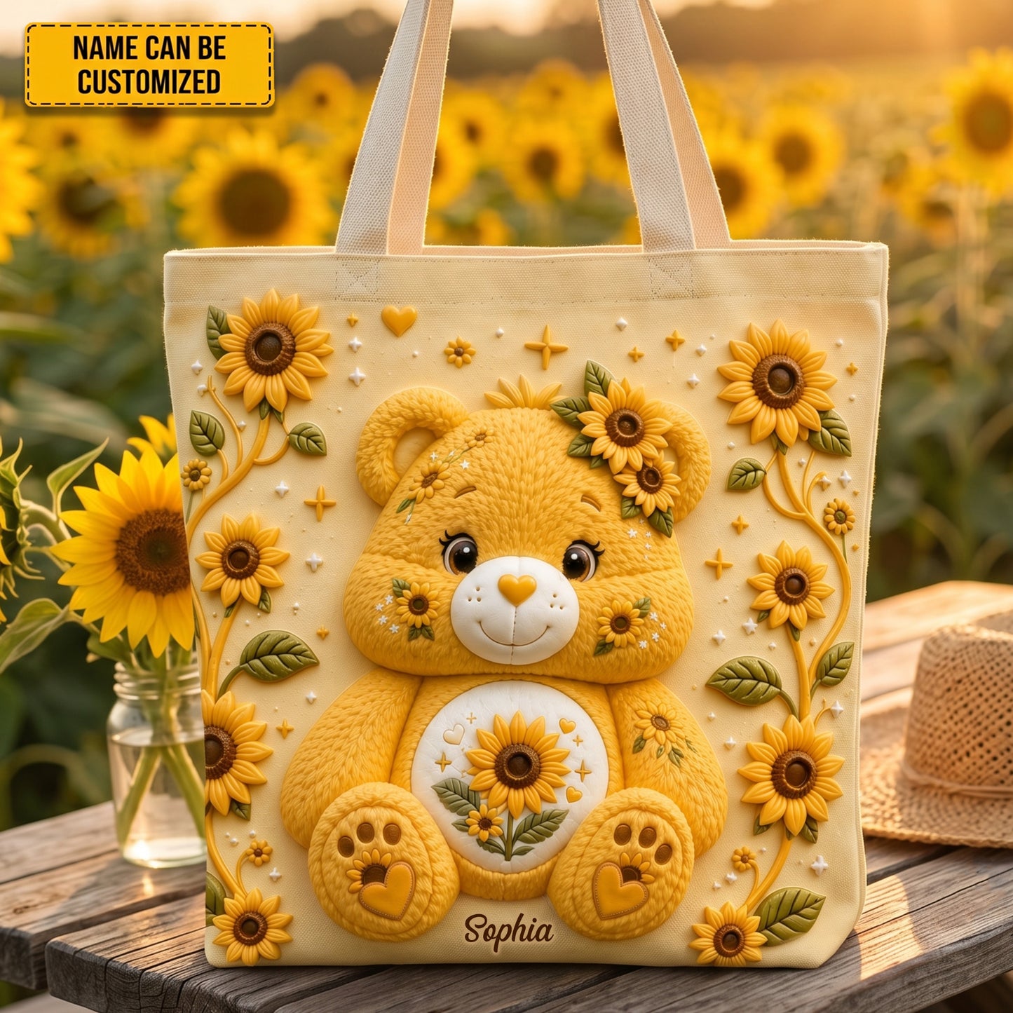 Personalized Bear Sunflower Tote Bag