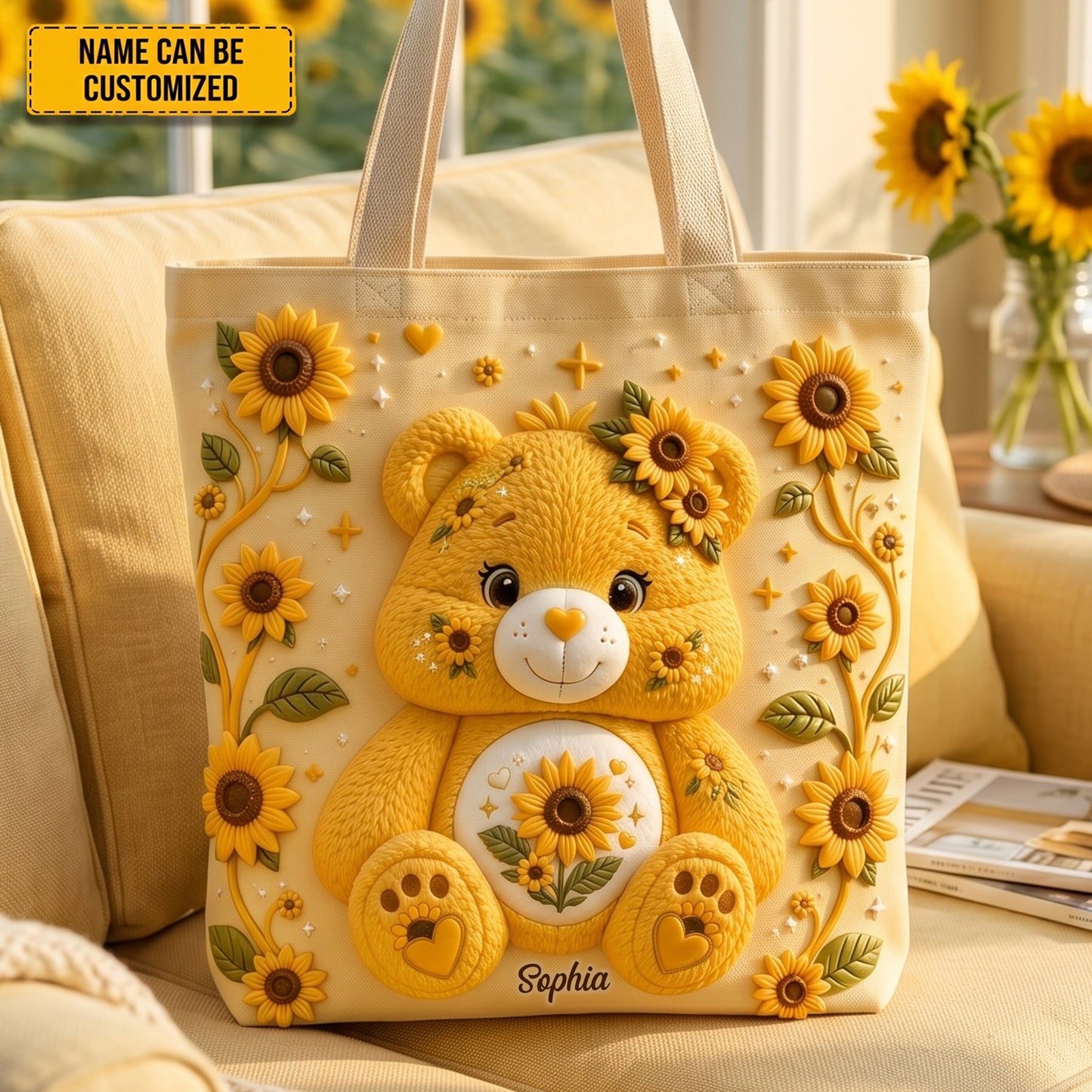 Personalized Bear Sunflower Tote Bag