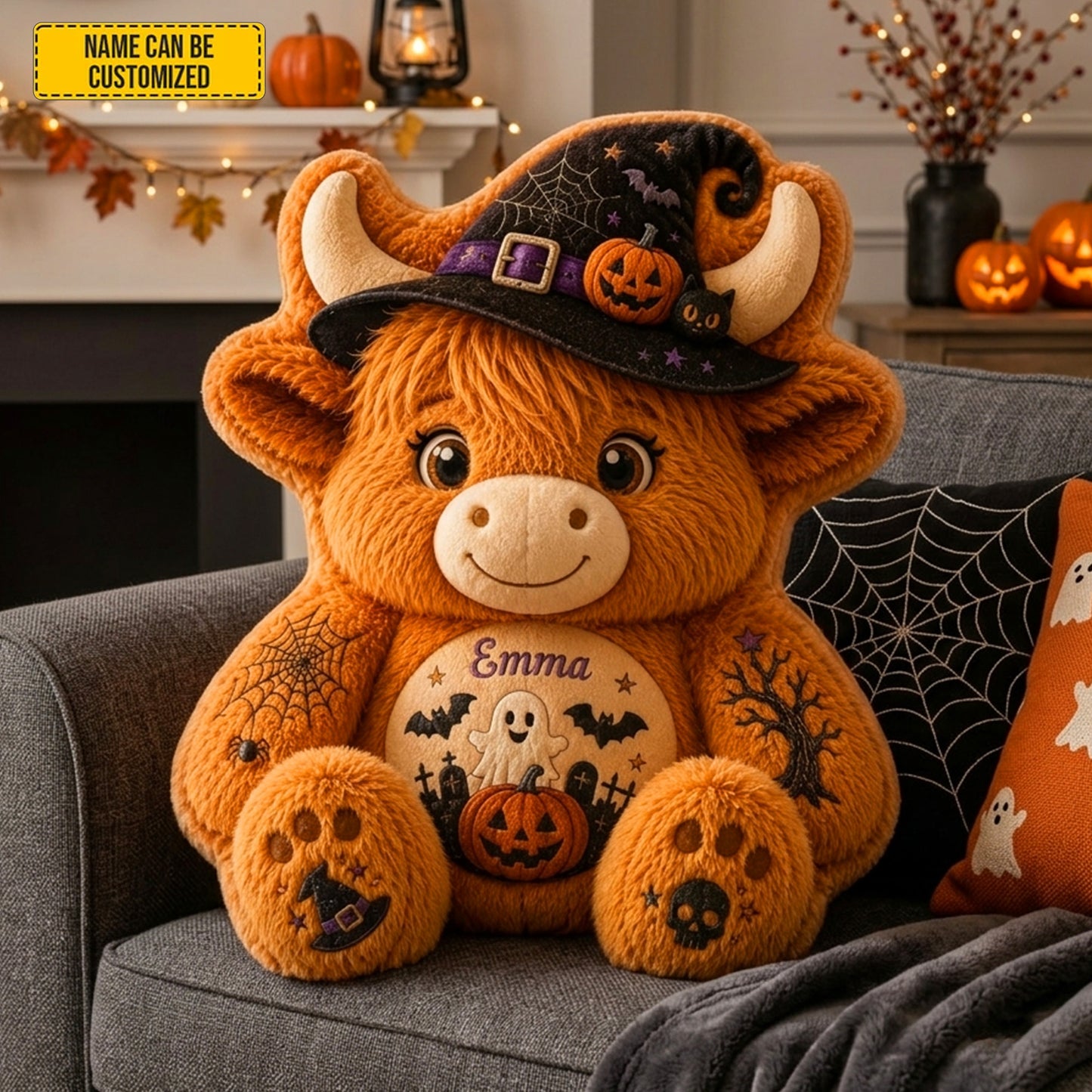 Personalized Halloween Highland Cow Shaped Pillow