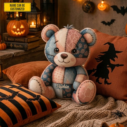 Personalized Halloween Patchwork Teddy Bear Pillow