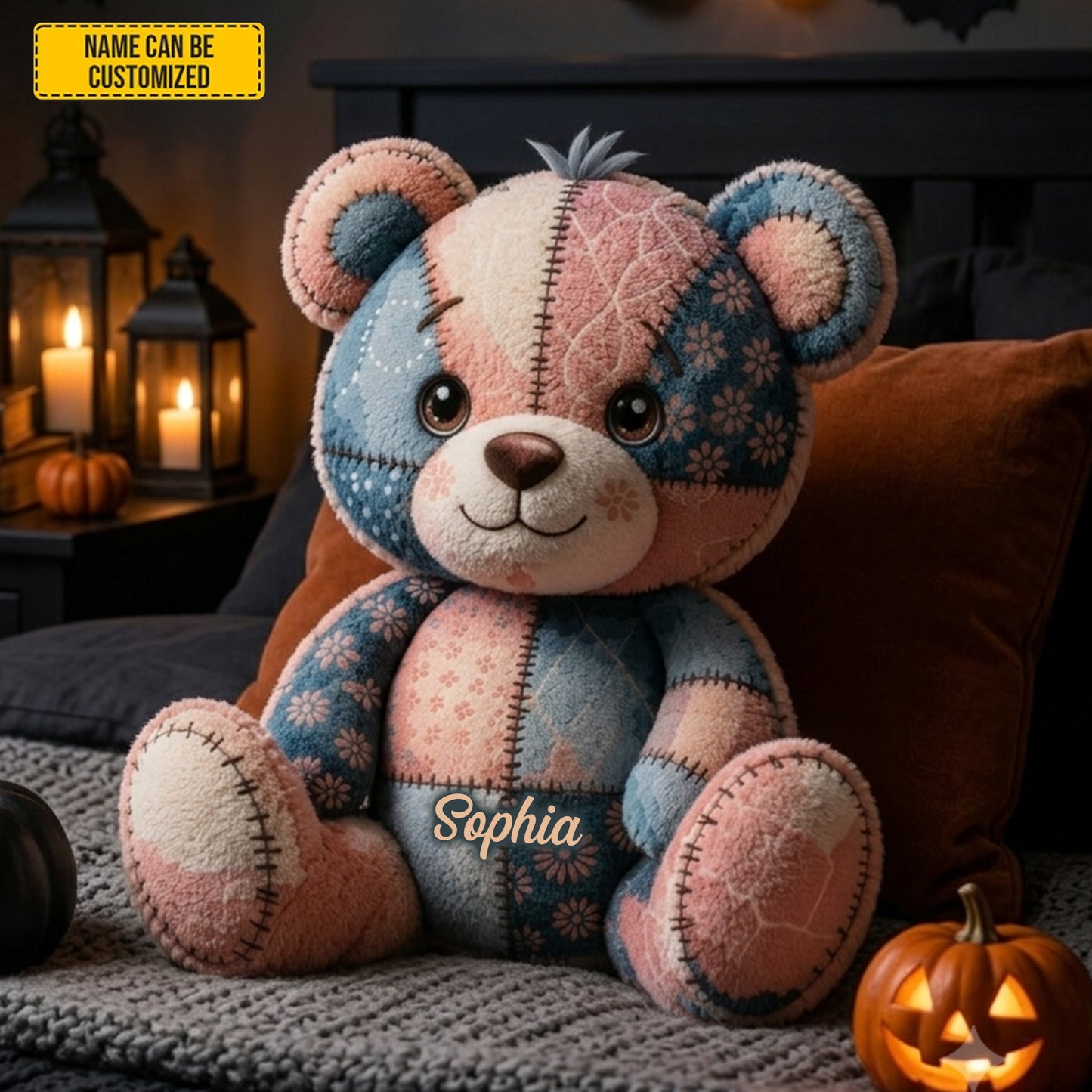 Personalized Halloween Patchwork Teddy Bear Pillow