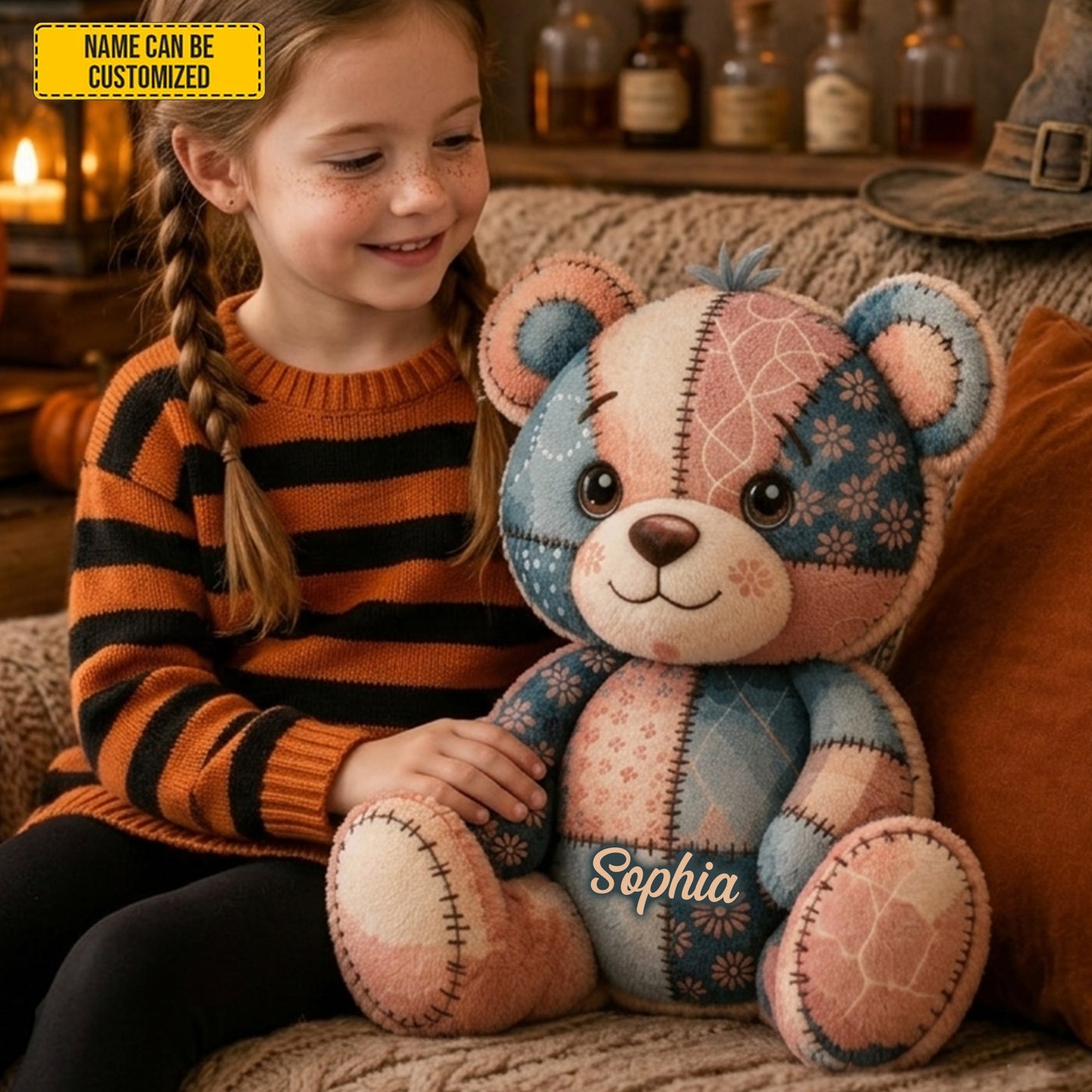 Personalized Halloween Patchwork Teddy Bear Pillow
