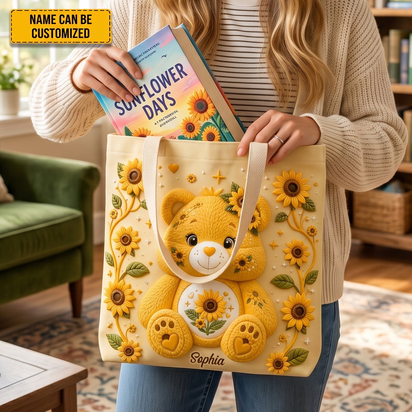 Personalized Bear Sunflower Tote Bag