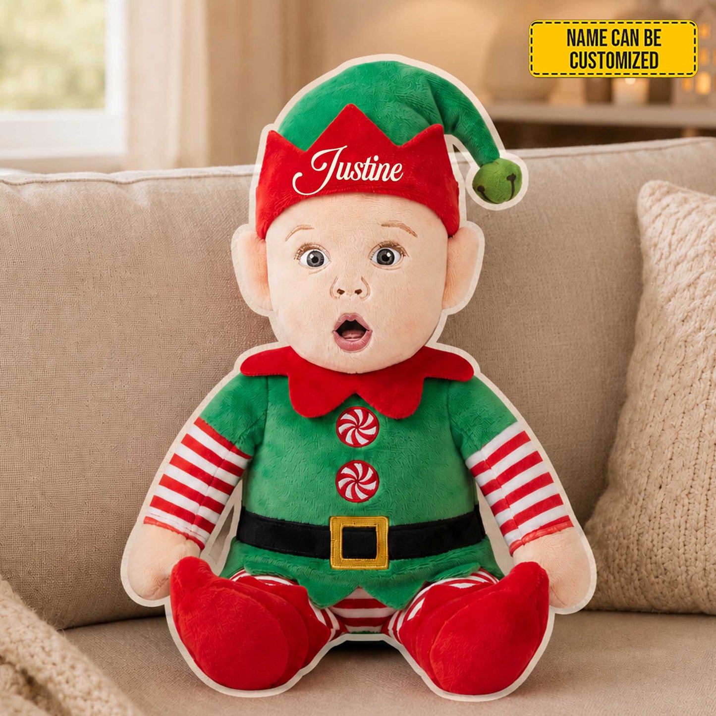 Personalized Christmas Elf Photo Shape Pillow