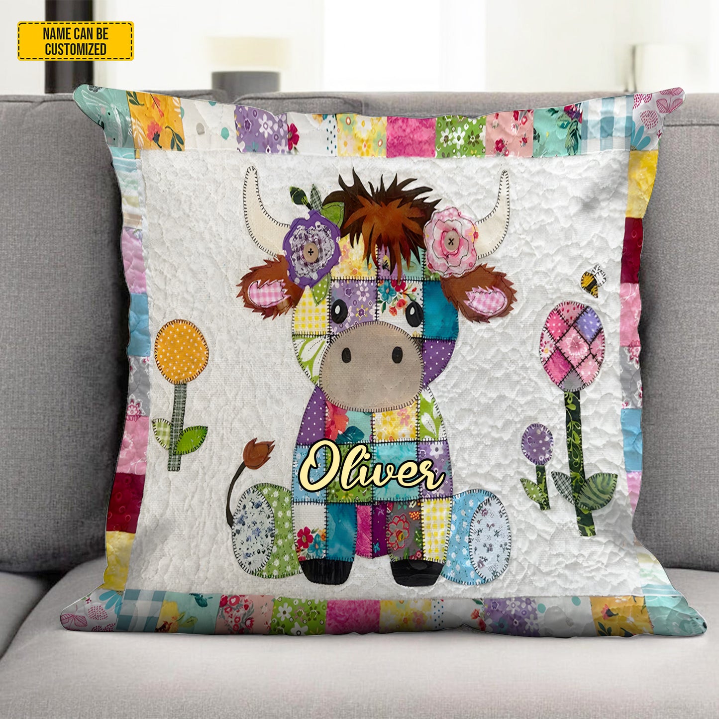 Personalized Patchwork Highland Cow Quilted Pillow Cover
