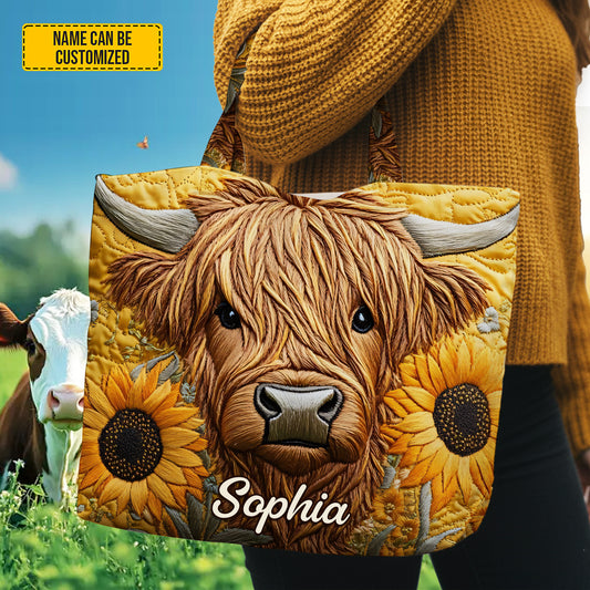Personalized Highland Cow & Sunflower Tote Bag