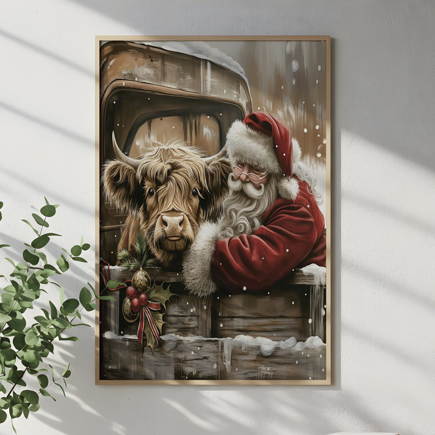 Santa & Highland Cow Christmas Canvas - Wall Decor