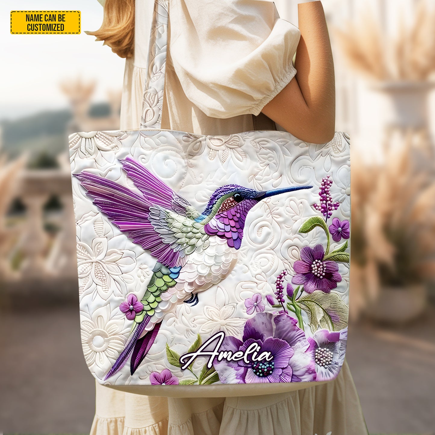 Personalized Hummingbird Floral Tote Bag
