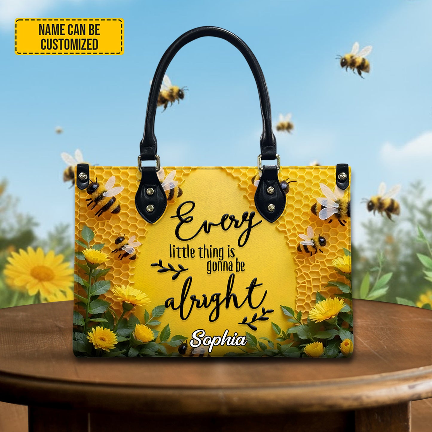 Personalized Bee & Sunflower Leather Handbag