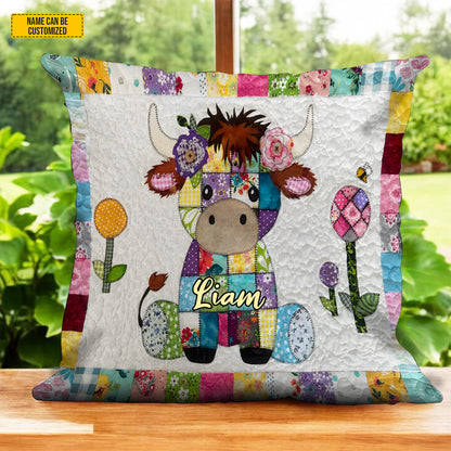 Personalized Patchwork Highland Cow Quilted Pillow Cover