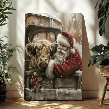 Santa & Highland Cow Christmas Canvas - Wall Decor