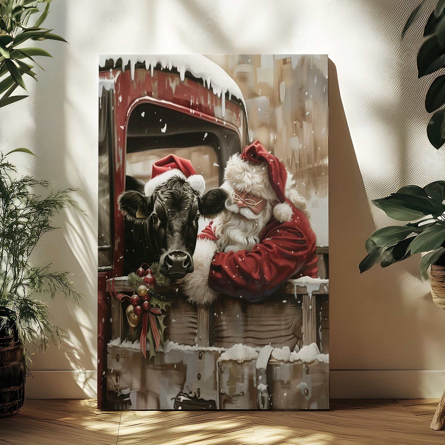 Cow and Santa - Canvas And Poster