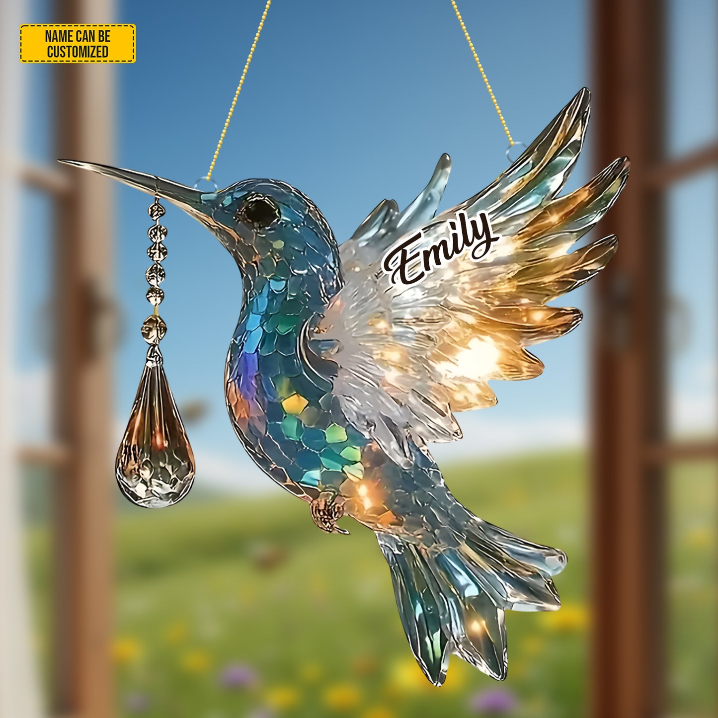 Colorful Hummingbird With Charm - Personalized Acrylic Window