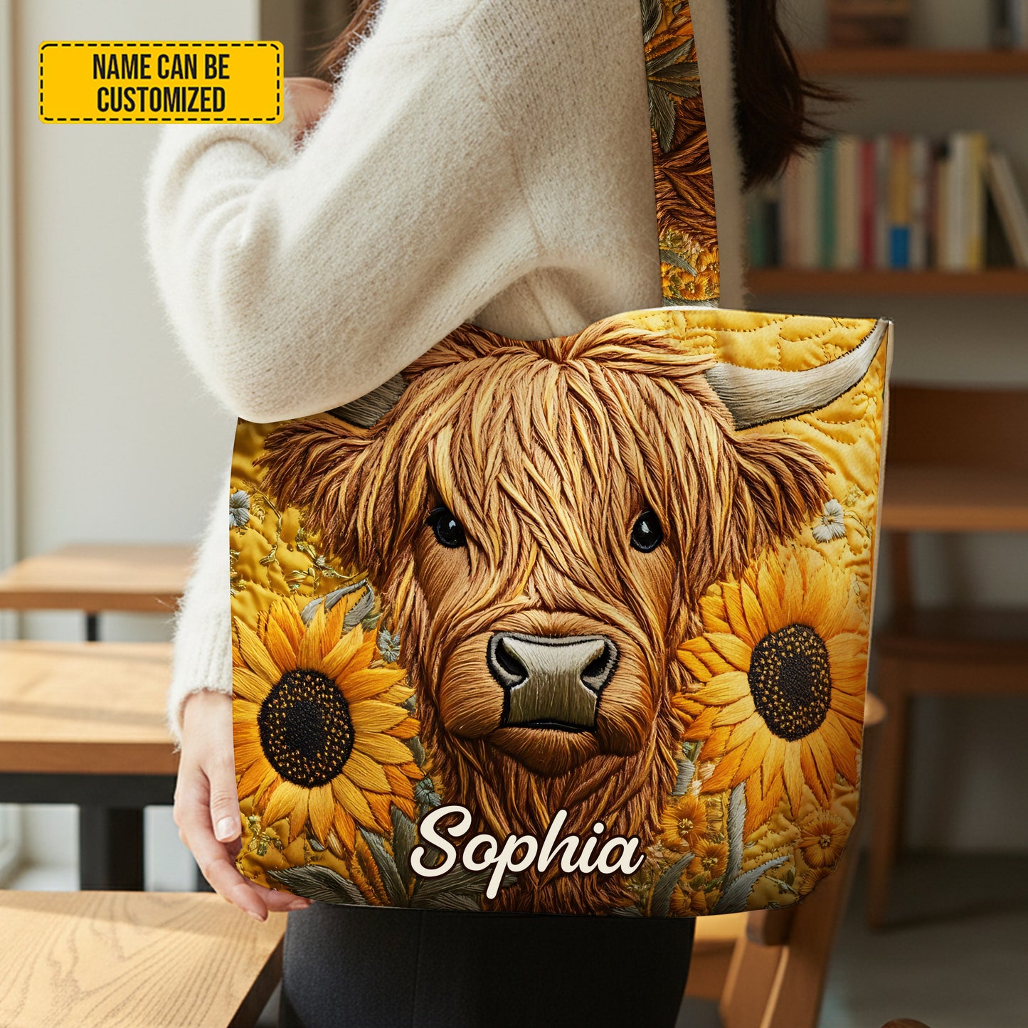 Personalized Highland Cow & Sunflower Tote Bag