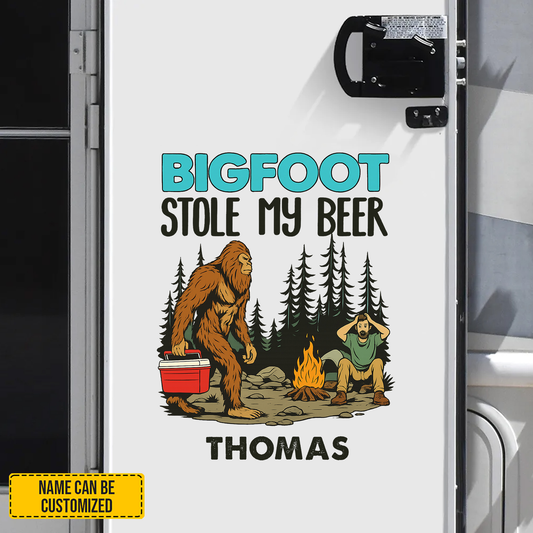 Bigfoot Stole My Beer - Personalized Funny Bigfoot Decal, Camper Decal, RV Decal, Happy Camper