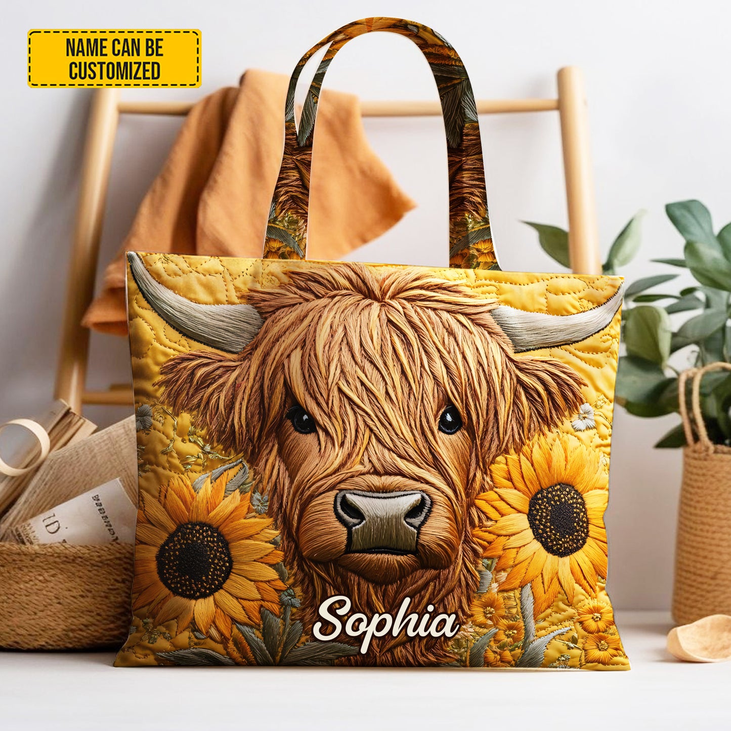 Personalized Highland Cow & Sunflower Tote Bag