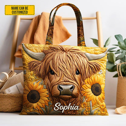 Personalized Highland Cow & Sunflower Tote Bag