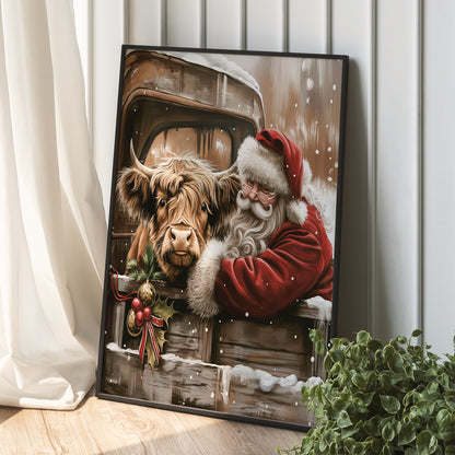 Santa & Highland Cow Christmas Canvas - Wall Decor