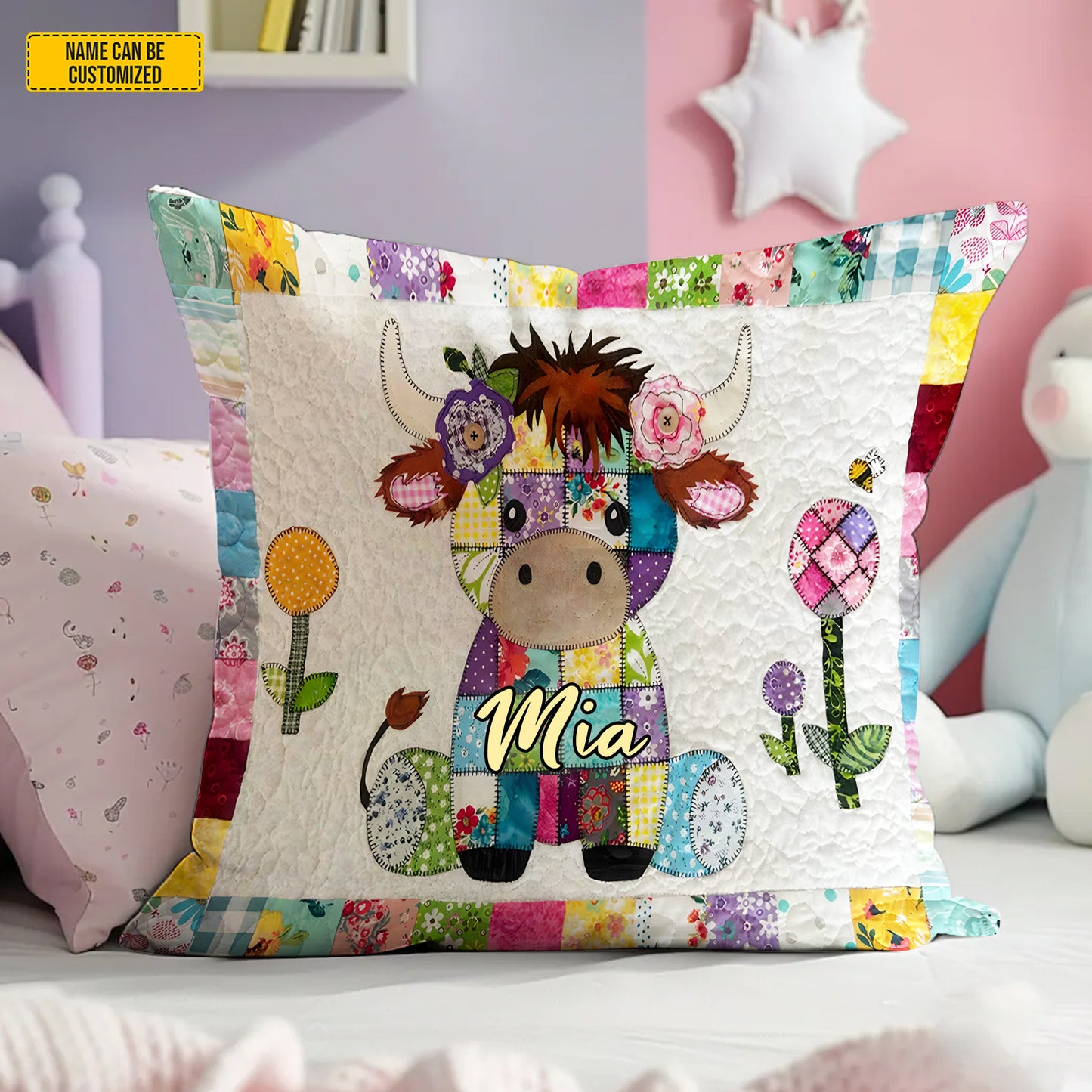 Personalized Patchwork Highland Cow Quilted Pillow Cover