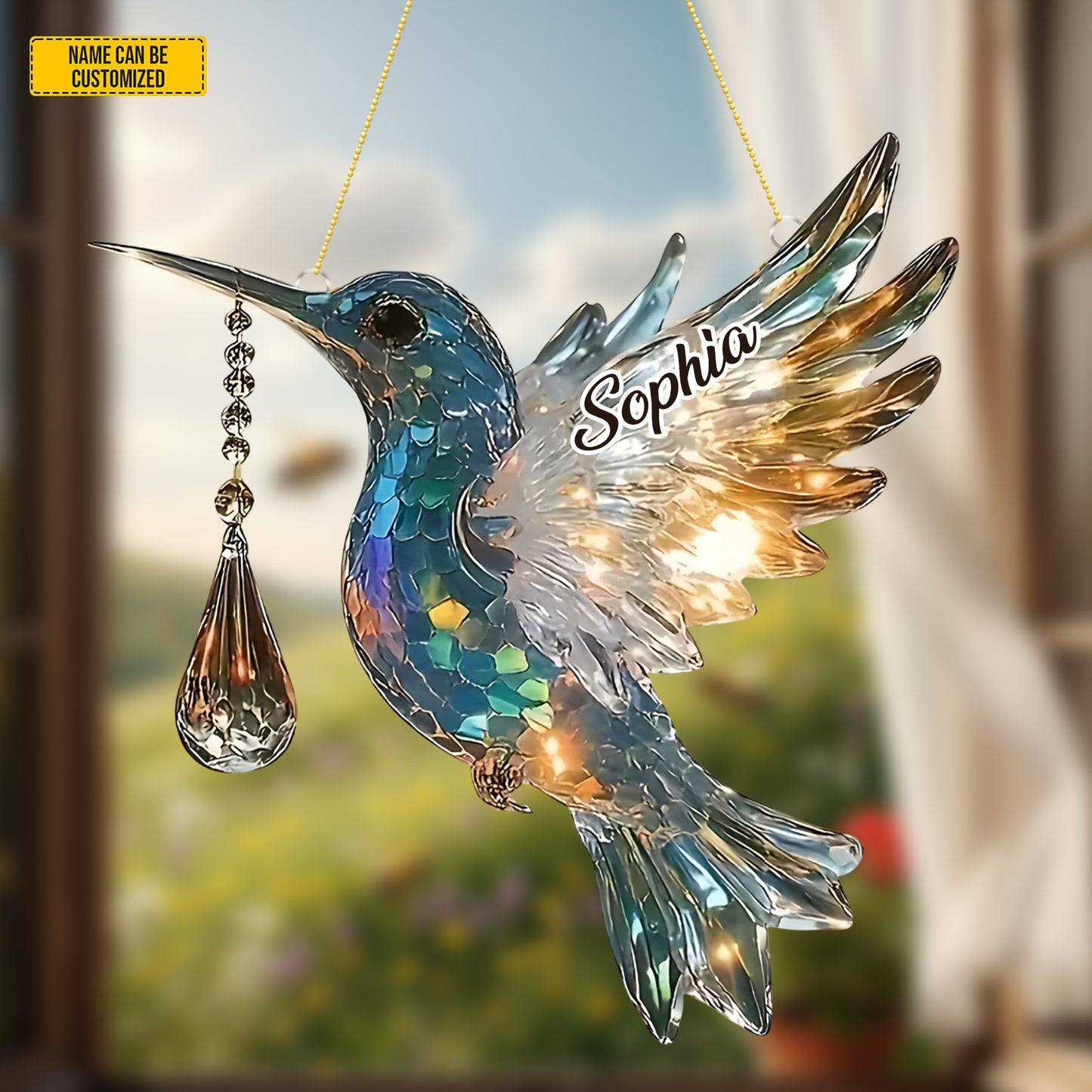 Colorful Hummingbird With Charm - Personalized Acrylic Window