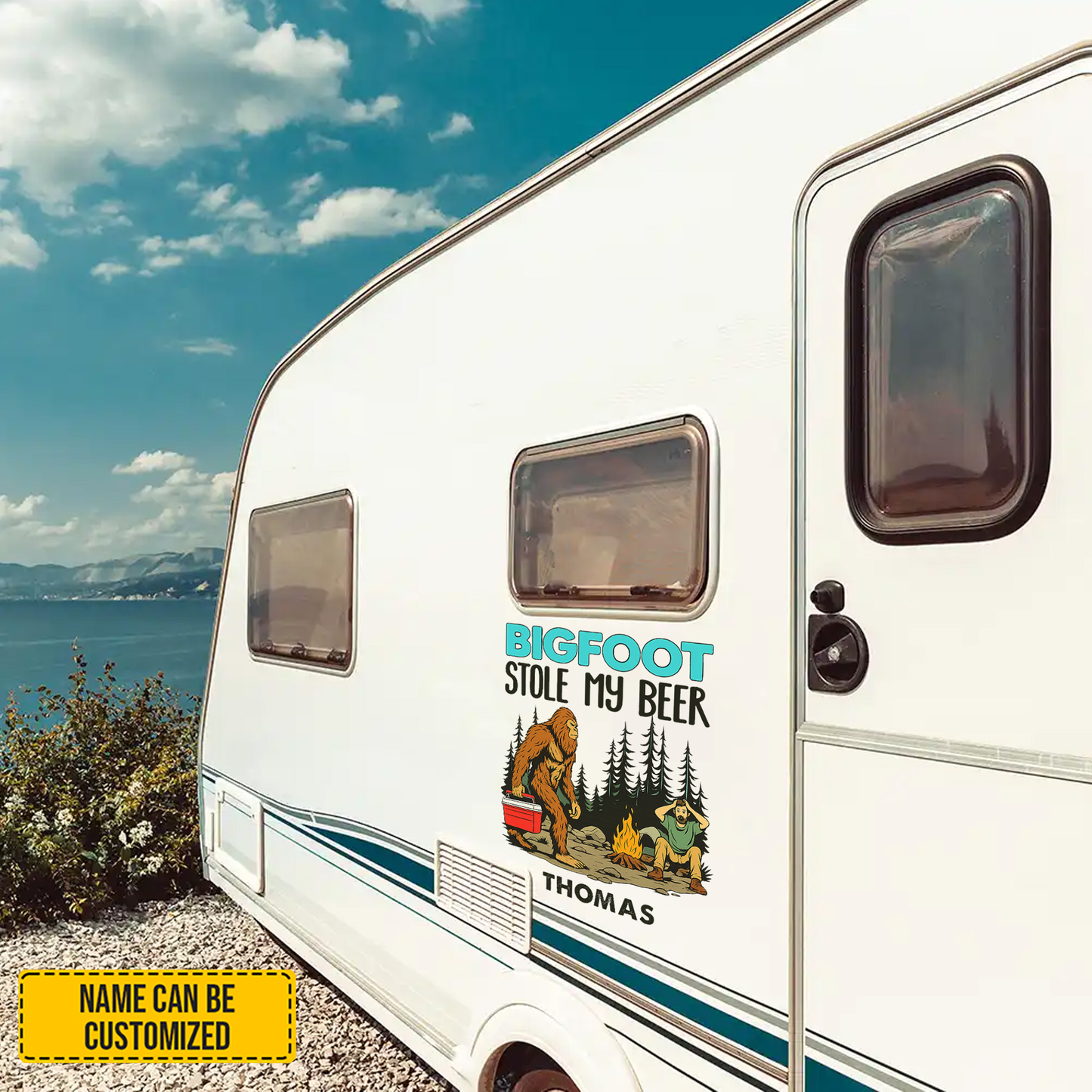 Bigfoot Stole My Beer - Personalized Funny Bigfoot Decal, Camper Decal, RV Decal, Happy Camper
