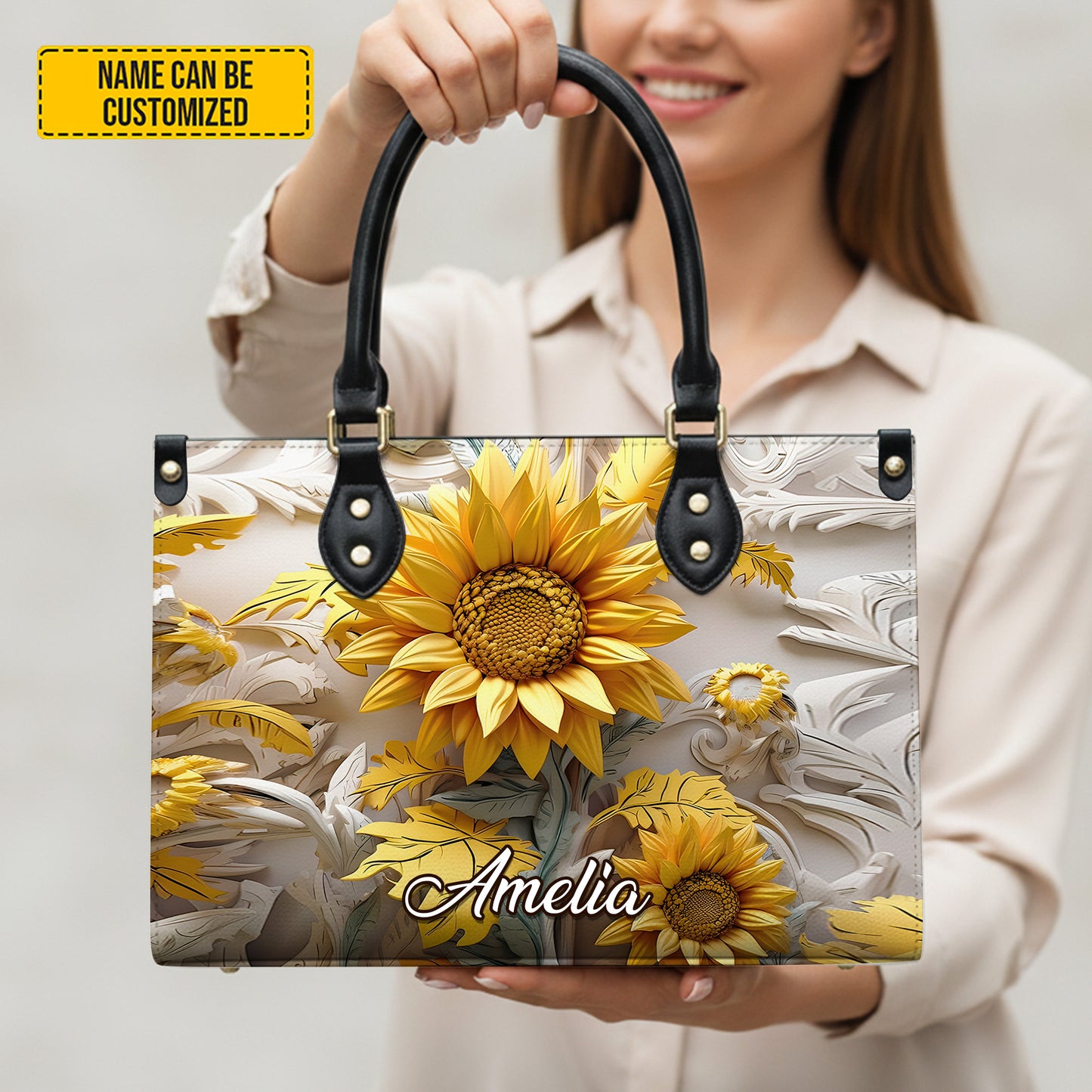 Personalized Sunflower Leather Handbag