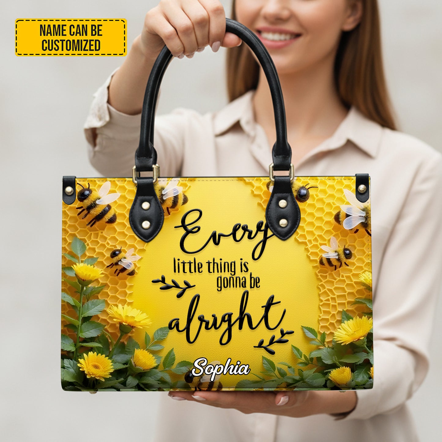 Personalized Bee & Sunflower Leather Handbag