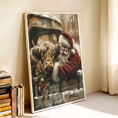 Santa & Highland Cow Christmas Canvas - Wall Decor