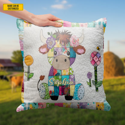 Personalized Patchwork Highland Cow Quilted Pillow Cover