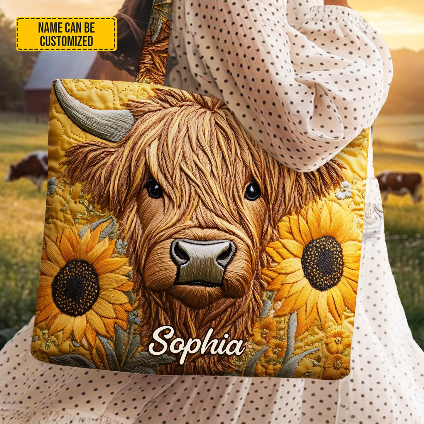 Personalized Highland Cow & Sunflower Tote Bag