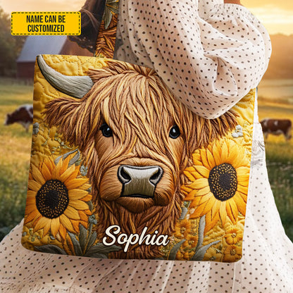 Personalized Highland Cow & Sunflower Tote Bag