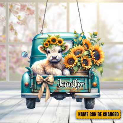 Personalized Truck Highland Cow & Flower Acrylic Window