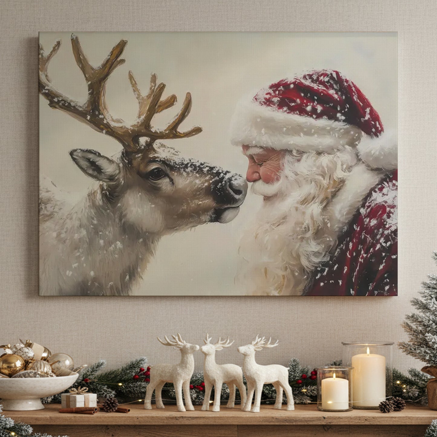 Reindeer and Santa- Canvas And Poster
